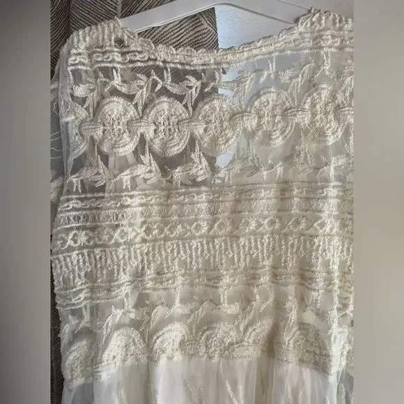 Sundance Embroidered Beige Short Sleeve Lace Mesh Blouse Sz M  Boho Lined - Picture 4 of 15